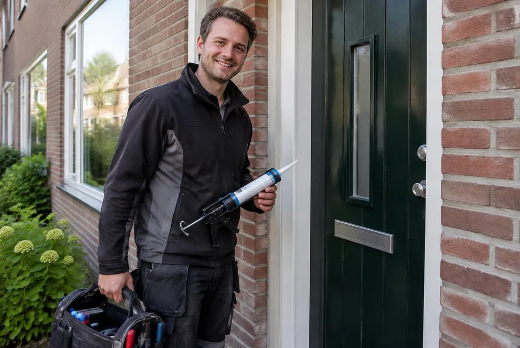 Vakman van Kitbedrijf Barendrecht bij de voordeur van een woning